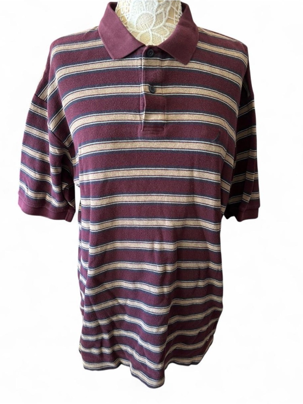 Nautica Men's Burgundy Striped Polo with Cream & Navy Bands